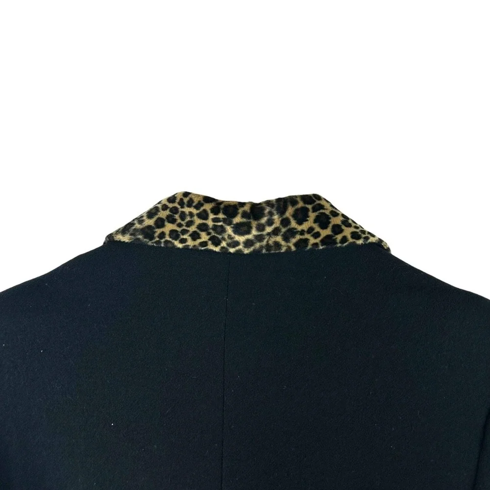 Vintage Black Wool Winter Coat Leopard Collar Quiet‎ Luxury Parisian Chic 9 10
